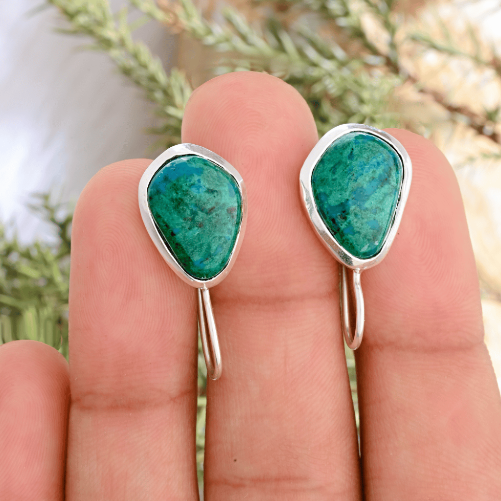 Natural Chrysocolla Gemstone Dangle Sterling Silver Women Earrings