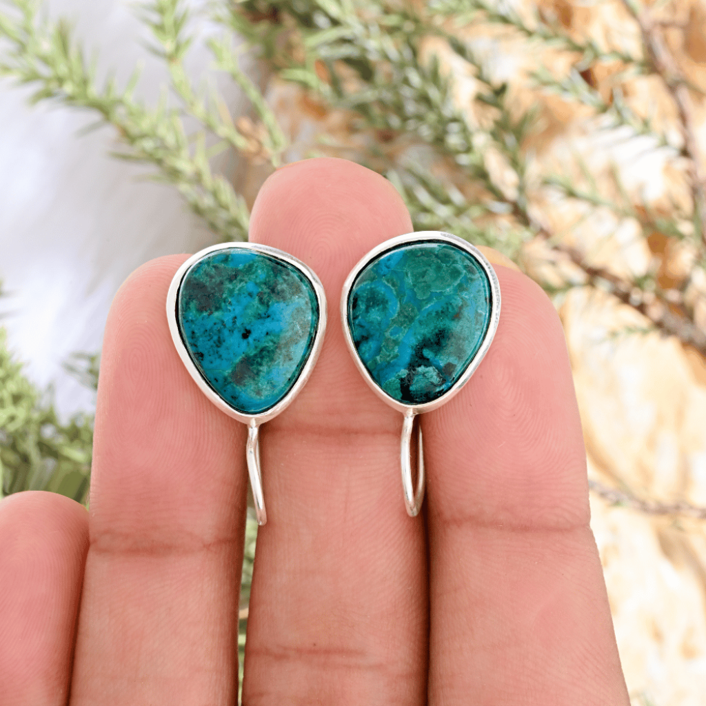 Natural Chrysocolla Gemstone Dangle Sterling Silver Women Earrings