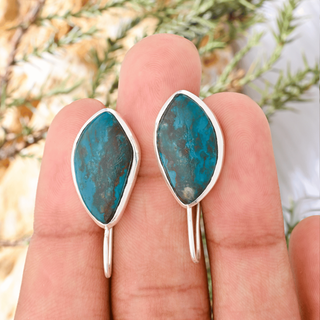 Natural Chrysocolla Gemstone Dangle Sterling Silver Women Earrings