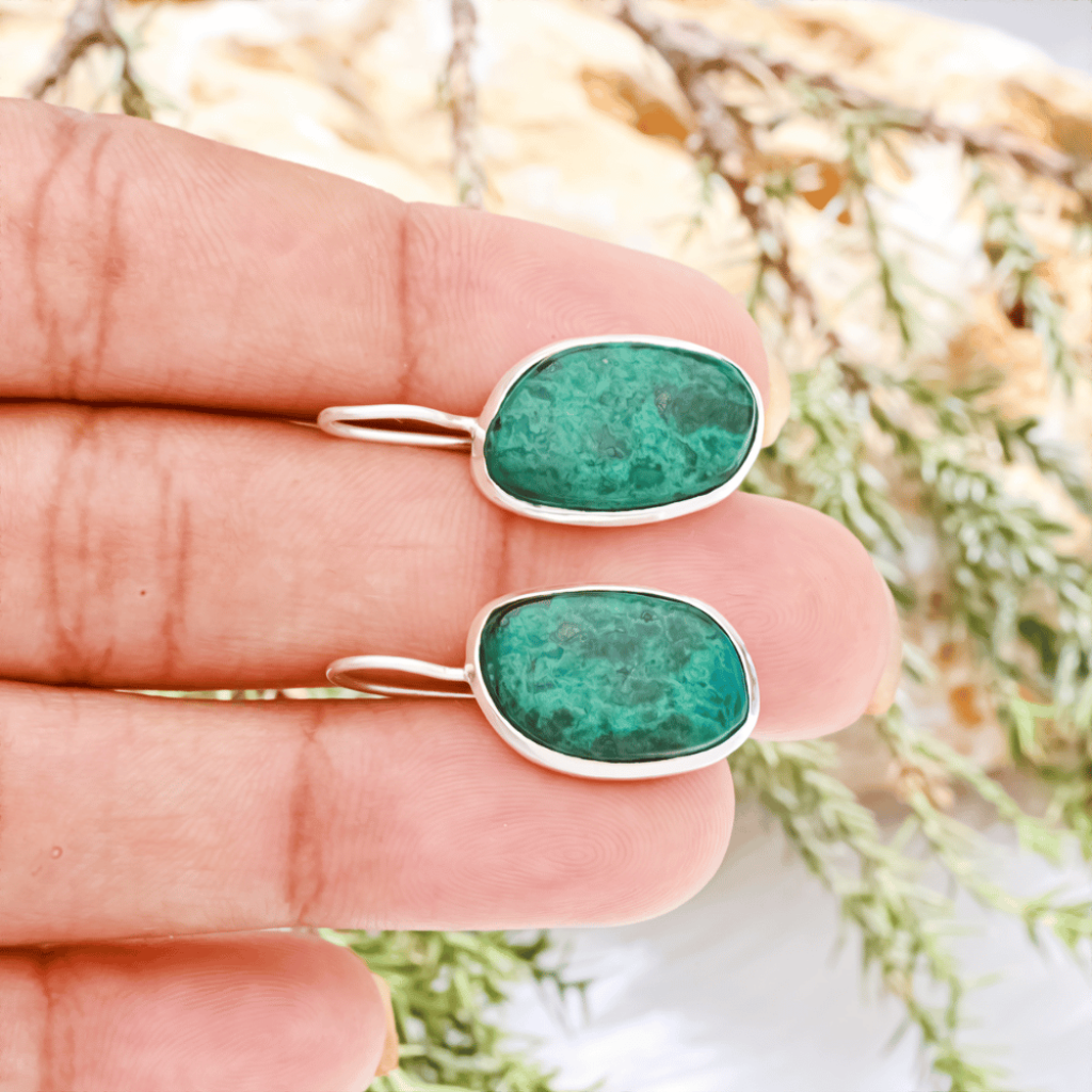Natural Chrysocolla Gemstone Dangle Sterling Silver Women Earrings