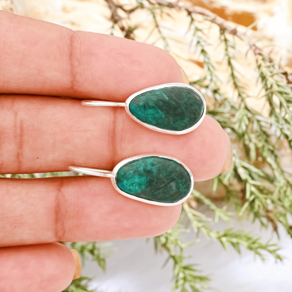 Natural Chrysocolla Gemstone Dangle Sterling Silver Women Earrings