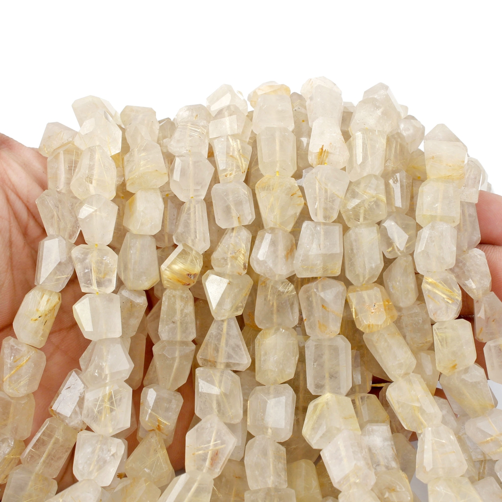 Natural Golden Rutile Quartz Faceted Tumbled Beads 10-15mm for Jewelry Making, Gemstone Beads