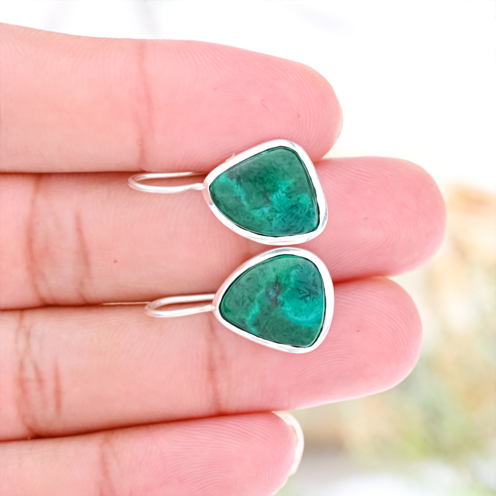 Natural Chrysocolla Gemstone Dangle Sterling Silver Women Earrings