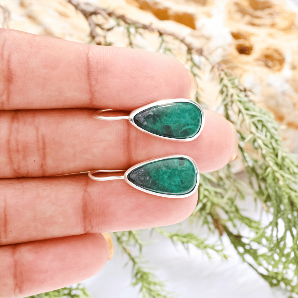 Natural Chrysocolla Gemstone Dangle Sterling Silver Women Earrings
