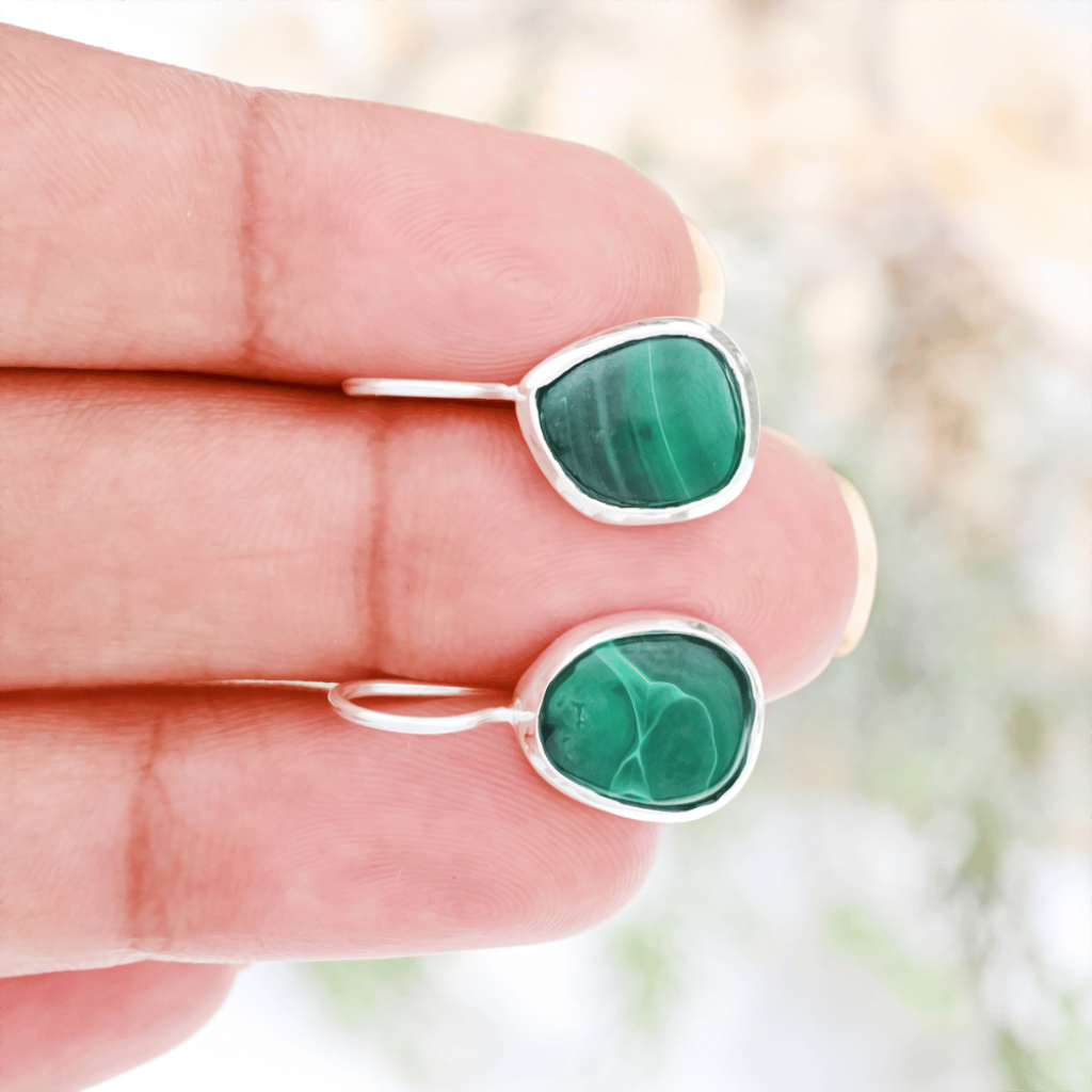 Natural Green Malachite Gemstone Dangle Sterling Silver Women Earrings