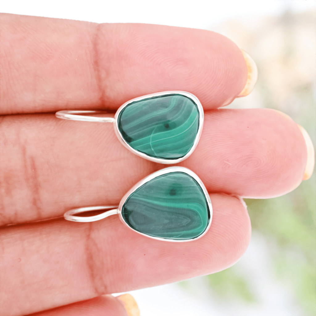 Natural Green Malachite Gemstone Dangle Sterling Silver Women Earrings