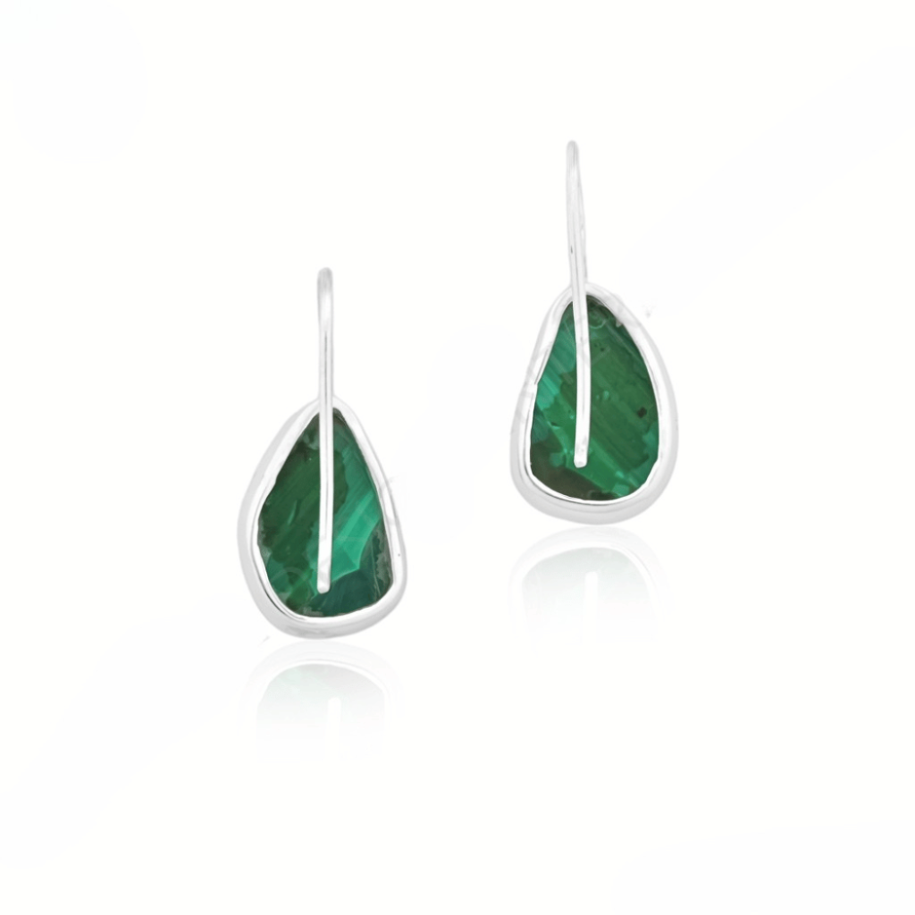 Natural Green Malachite Gemstone Dangle Sterling Silver Women Earrings