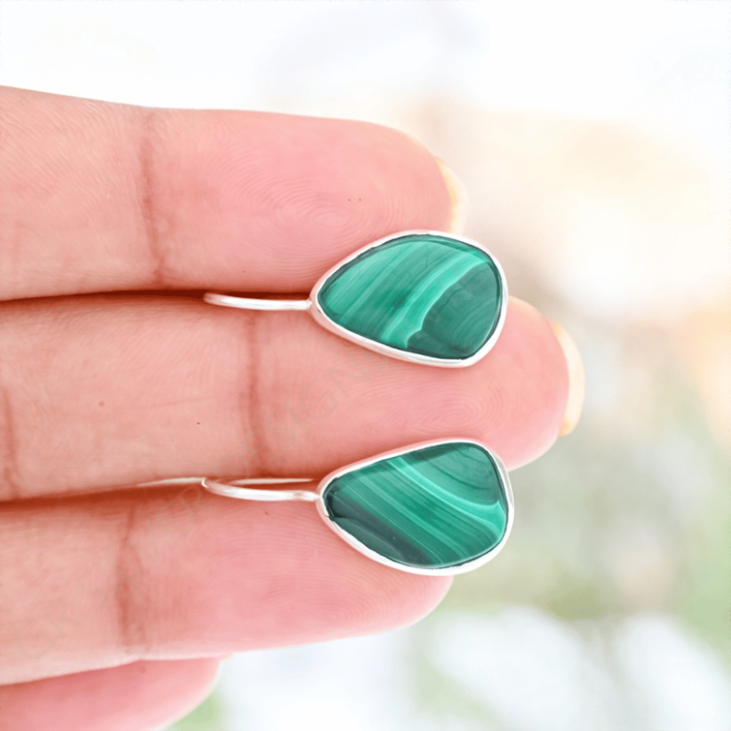 Natural Green Malachite Gemstone Dangle Sterling Silver Women Earrings