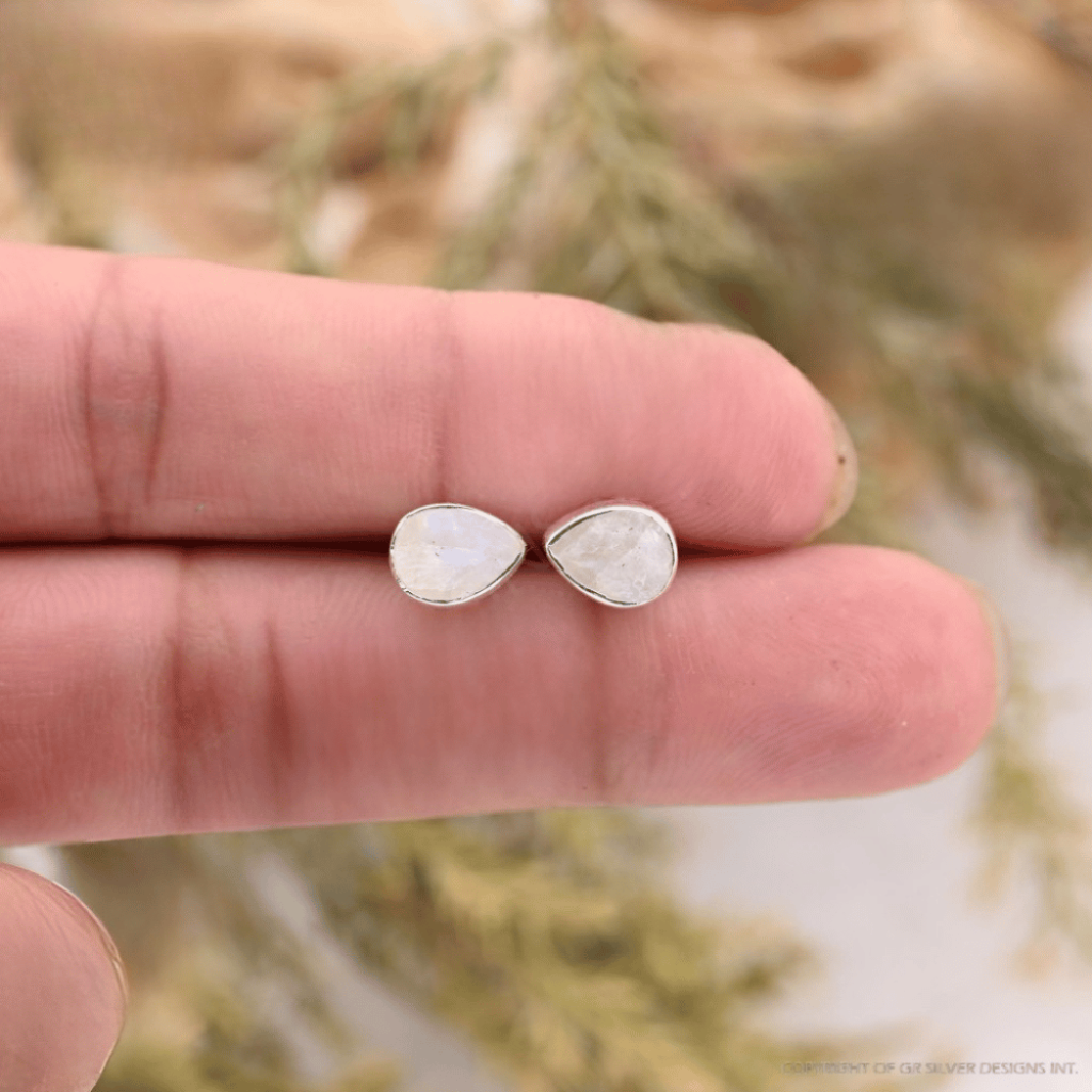 Natural Rainbow Moonstone Birthstone Sterling Silver Round Studs Earrings