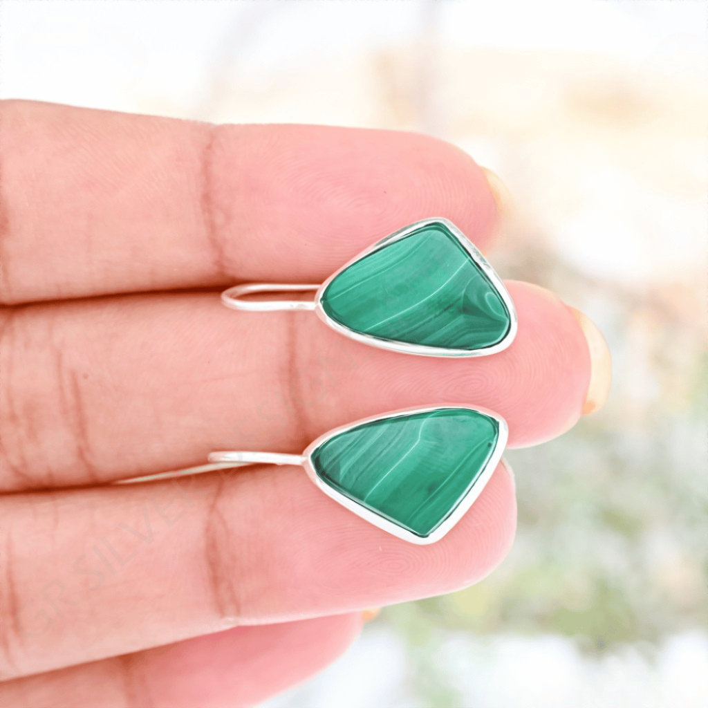 Natural Green Malachite Gemstone Dangle Sterling Silver Women Earrings