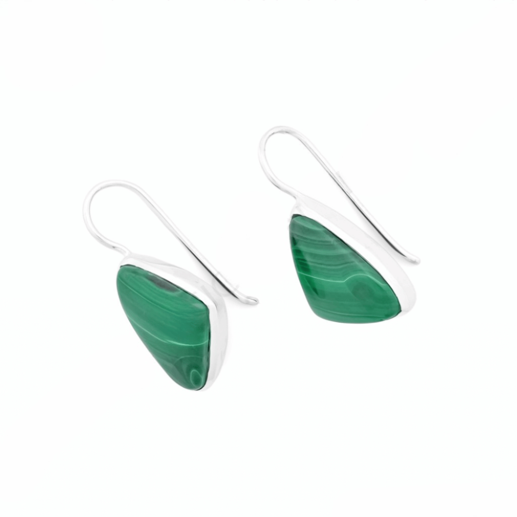 Natural Green Malachite Gemstone Dangle Sterling Silver Women Earrings