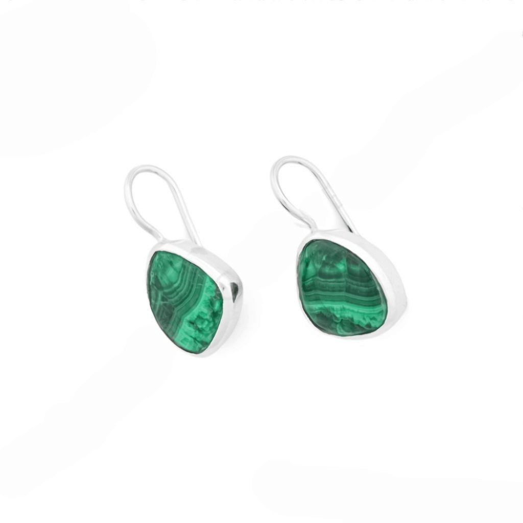 Natural Green Malachite Gemstone Dangle Sterling Silver Women Earrings