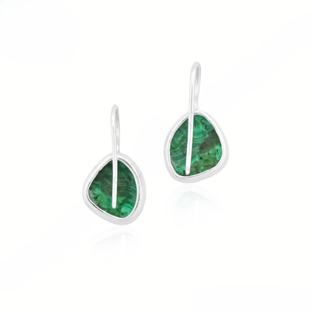 Natural Green Malachite Gemstone Dangle Sterling Silver Women Earrings