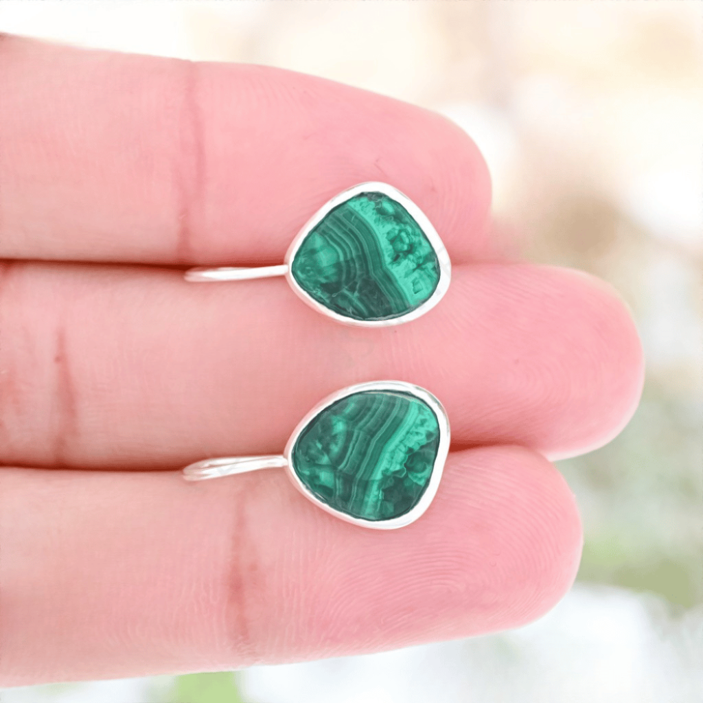 Natural Green Malachite Gemstone Dangle Sterling Silver Women Earrings