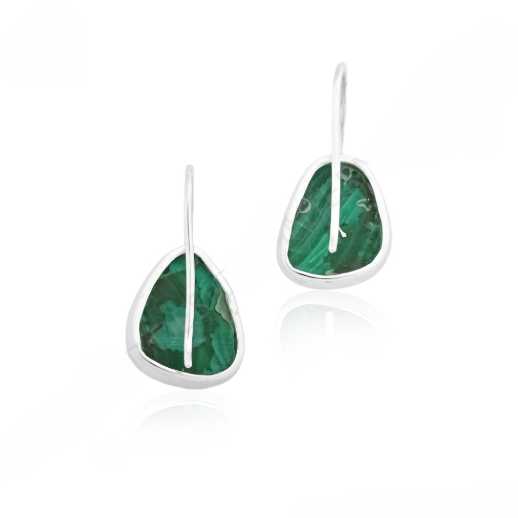 Natural Green Malachite Gemstone Dangle Sterling Silver Women Earrings