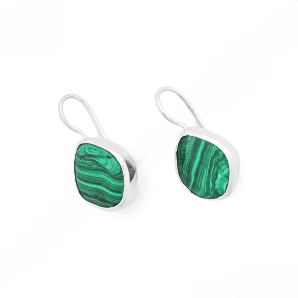 Natural Green Malachite Gemstone Dangle Sterling Silver Women Earrings