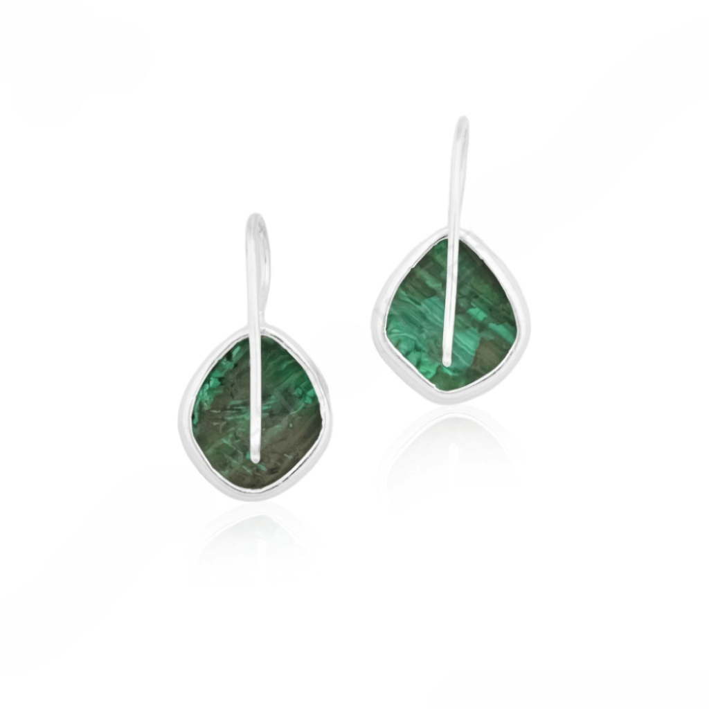 Natural Green Malachite Gemstone Dangle Sterling Silver Women Earrings