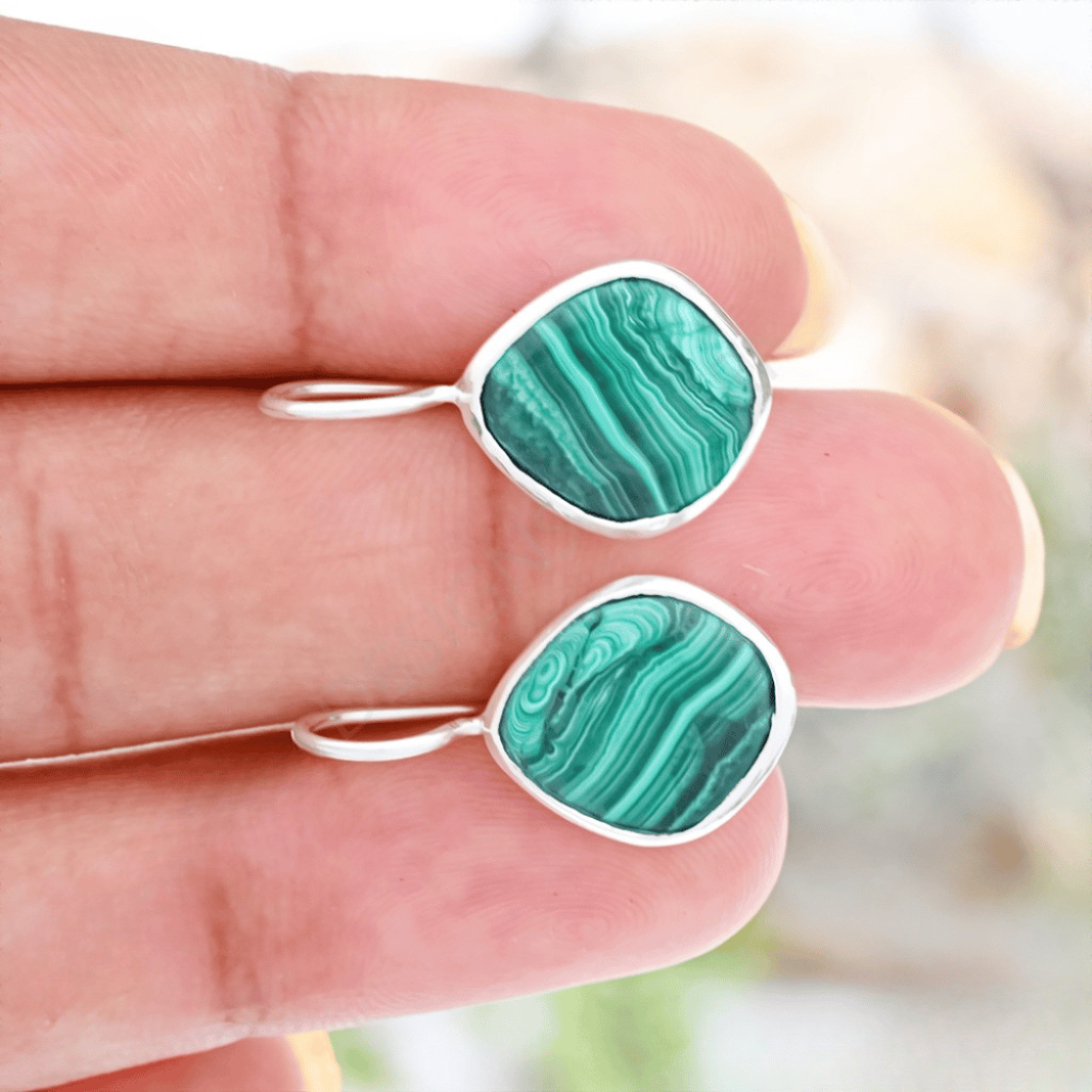 Natural Green Malachite Gemstone Dangle Sterling Silver Women Earrings