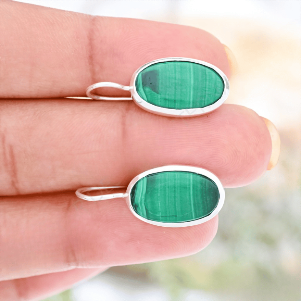 Natural Green Malachite Gemstone Dangle Sterling Silver Women Earrings