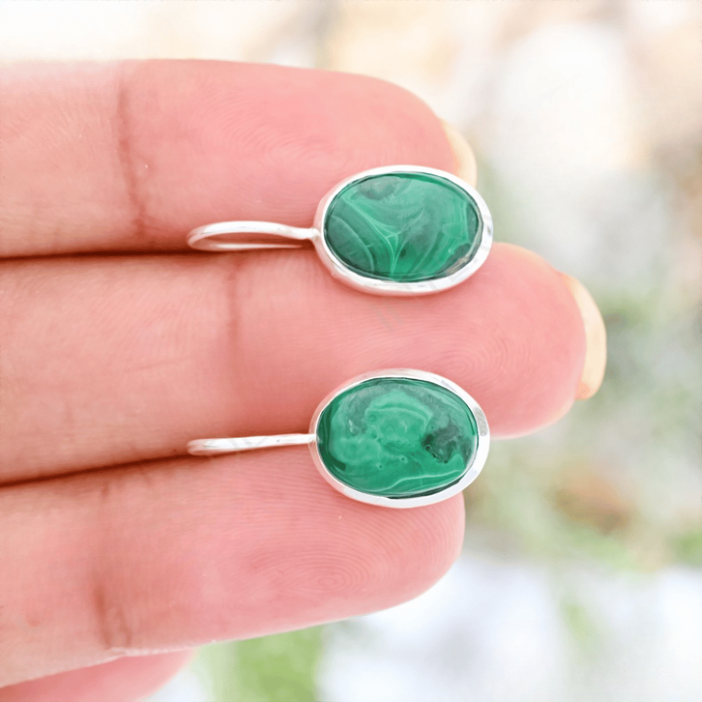 Natural Green Malachite Gemstone Dangle Sterling Silver Women Earrings