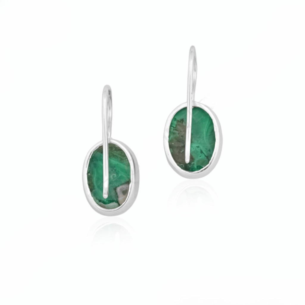 Natural Green Malachite Gemstone Dangle Sterling Silver Women Earrings