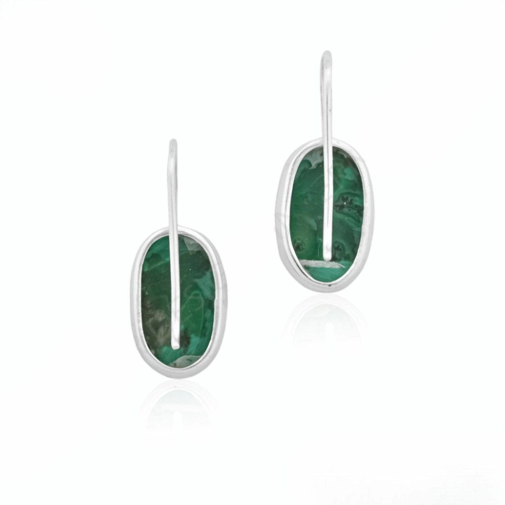 Natural Green Malachite Gemstone Dangle Sterling Silver Women Earrings