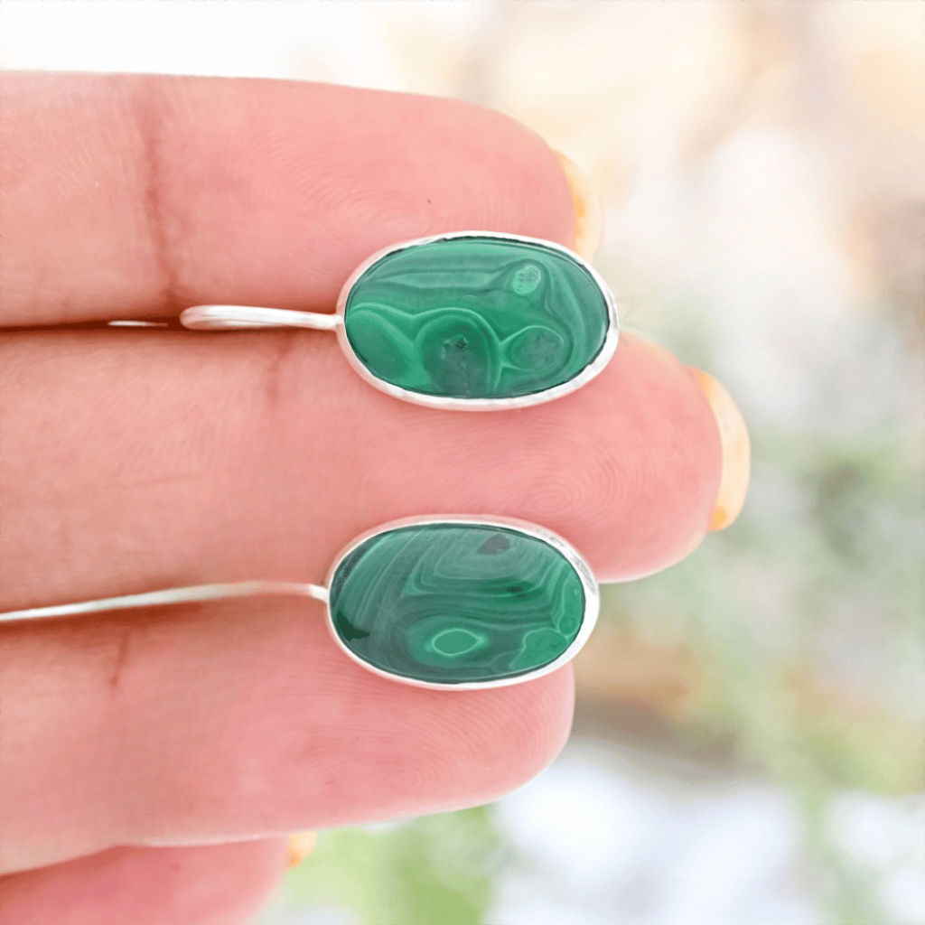 Natural Green Malachite Gemstone Dangle Sterling Silver Women Earrings