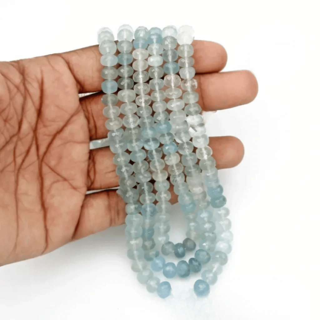 Natural Aquamarine Beaded Necklace, Round Shape, 6-8mm Beads Mala