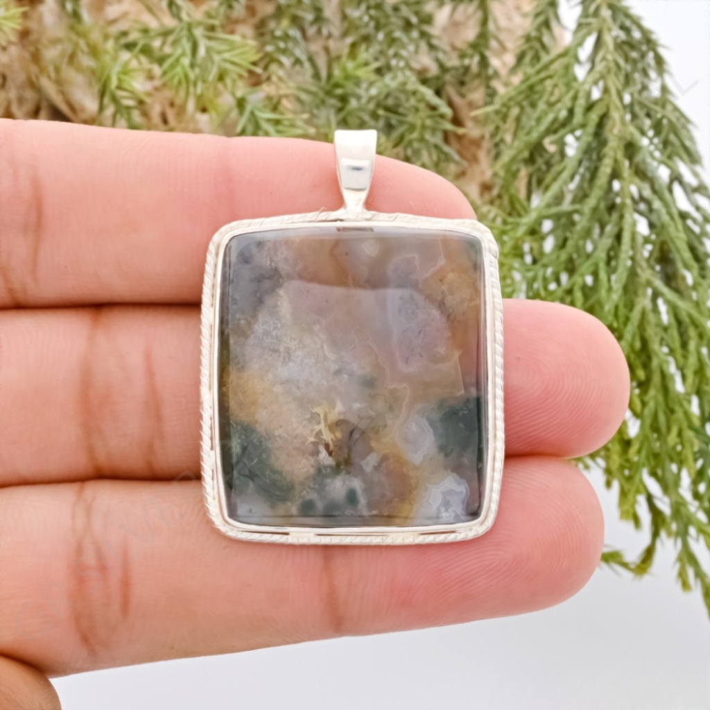Natural Moss Agate Square Gemstone Sterling Silver Pendant Necklace