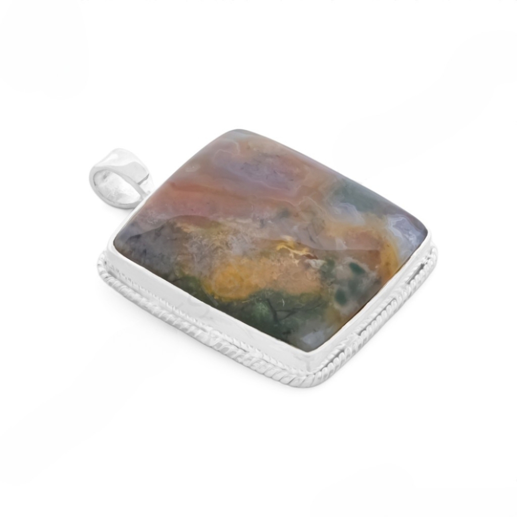 Natural Moss Agate Square Gemstone Sterling Silver Pendant Necklace