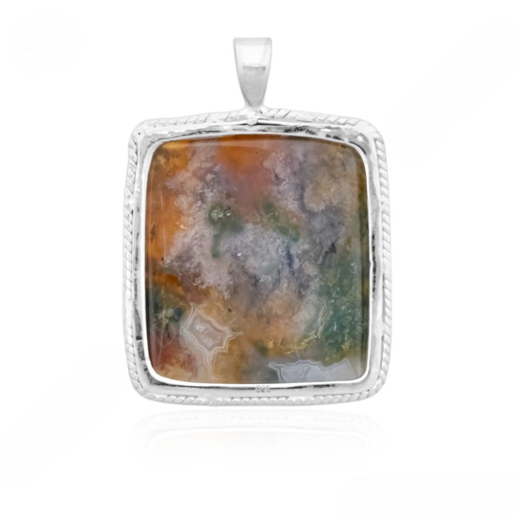 Natural Moss Agate Square Gemstone Sterling Silver Pendant Necklace
