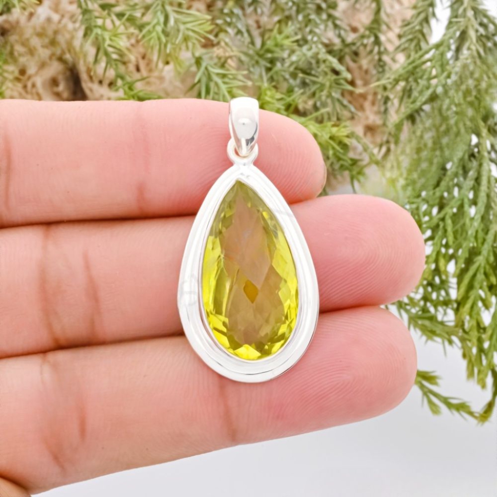 Natural Lemon Quartz February Birthstone Sterling Silver Pendant