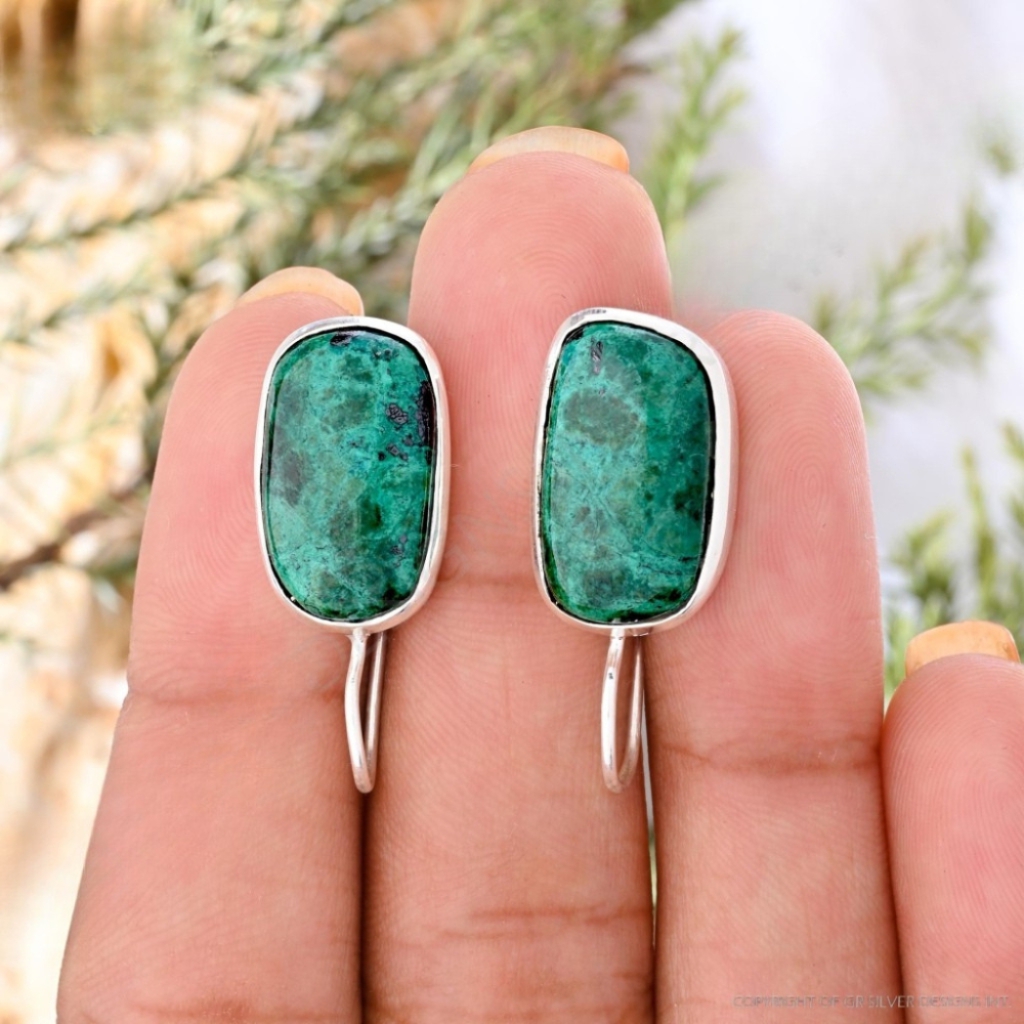 Natural Chrysocolla Gemstone Dangle Sterling Silver Women Earrings