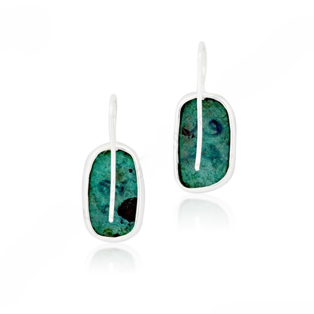 Natural Chrysocolla Gemstone Dangle Sterling Silver Women Earrings