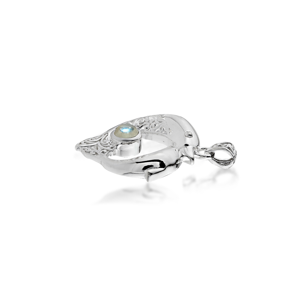 925 Sterling Silver Rainbow Moonstone Heart Dolphin Pendant For Women