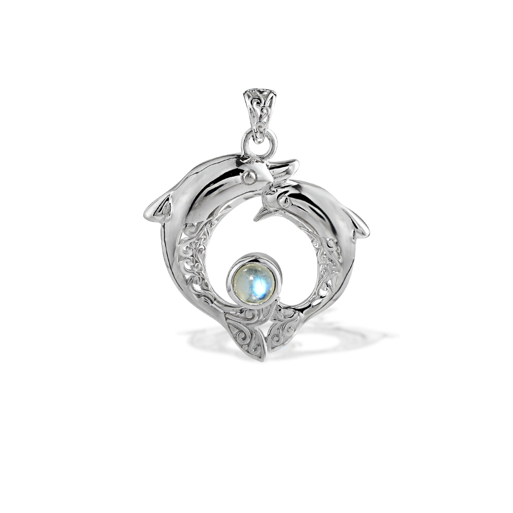 925 Sterling Silver Rainbow Moonstone Heart Dolphin Pendant For Women