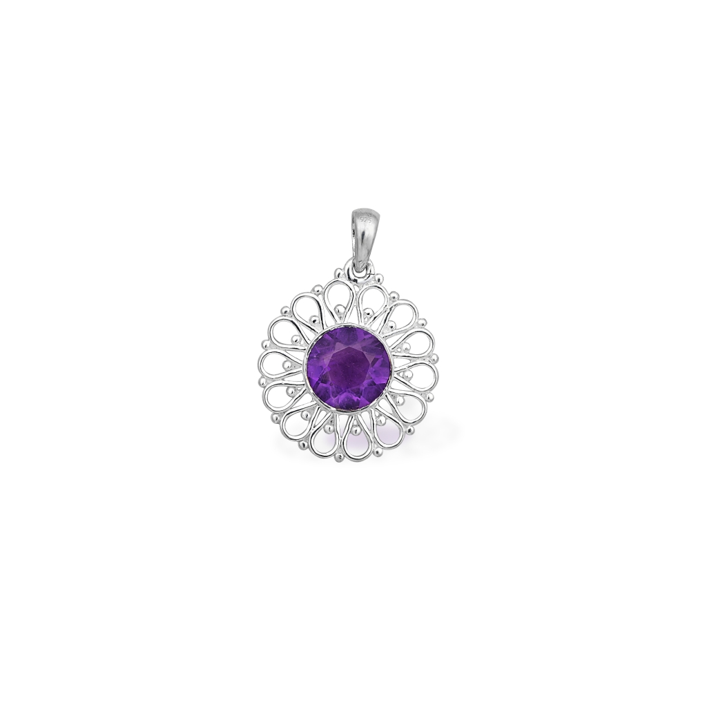 Natural Amethyst Birthstone Flower Silver Pendant Necklace
