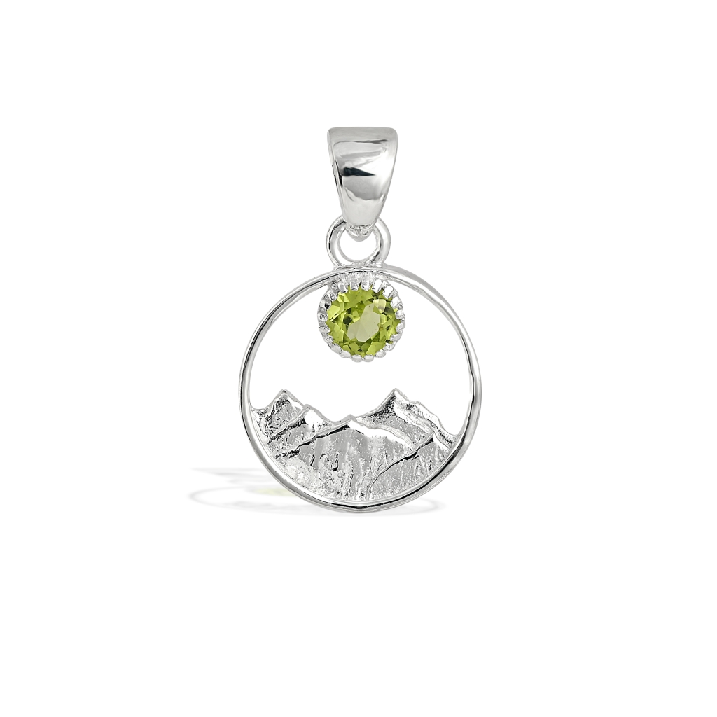 Peridot Birthstone Mountain Scene Silver Pendant Necklace For Men & Women