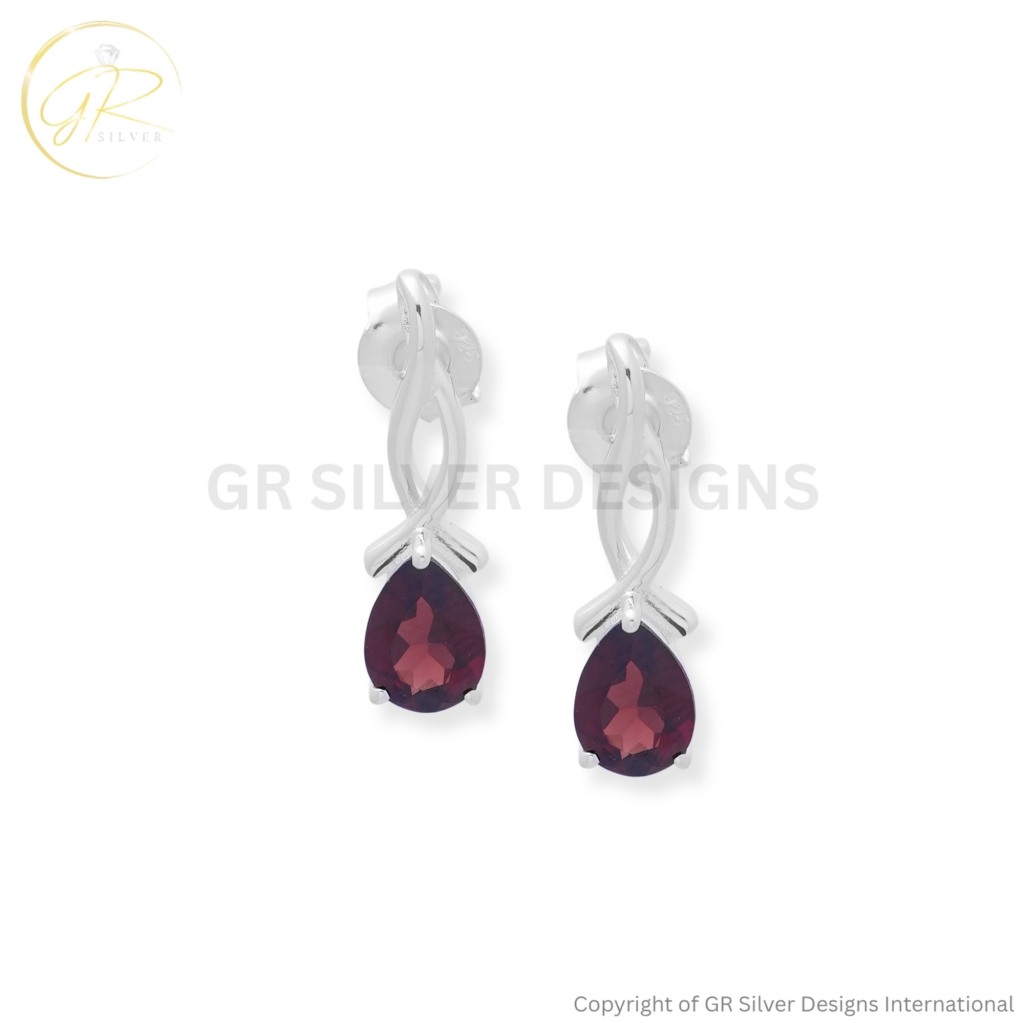 Silver Red Garnet Infinity Drop Earrings For Women
