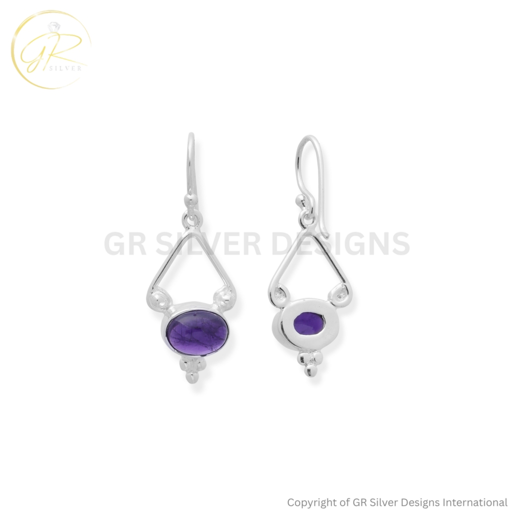 Natural Amethyst Oval Cabochon 925 Silver Earrings for Women
