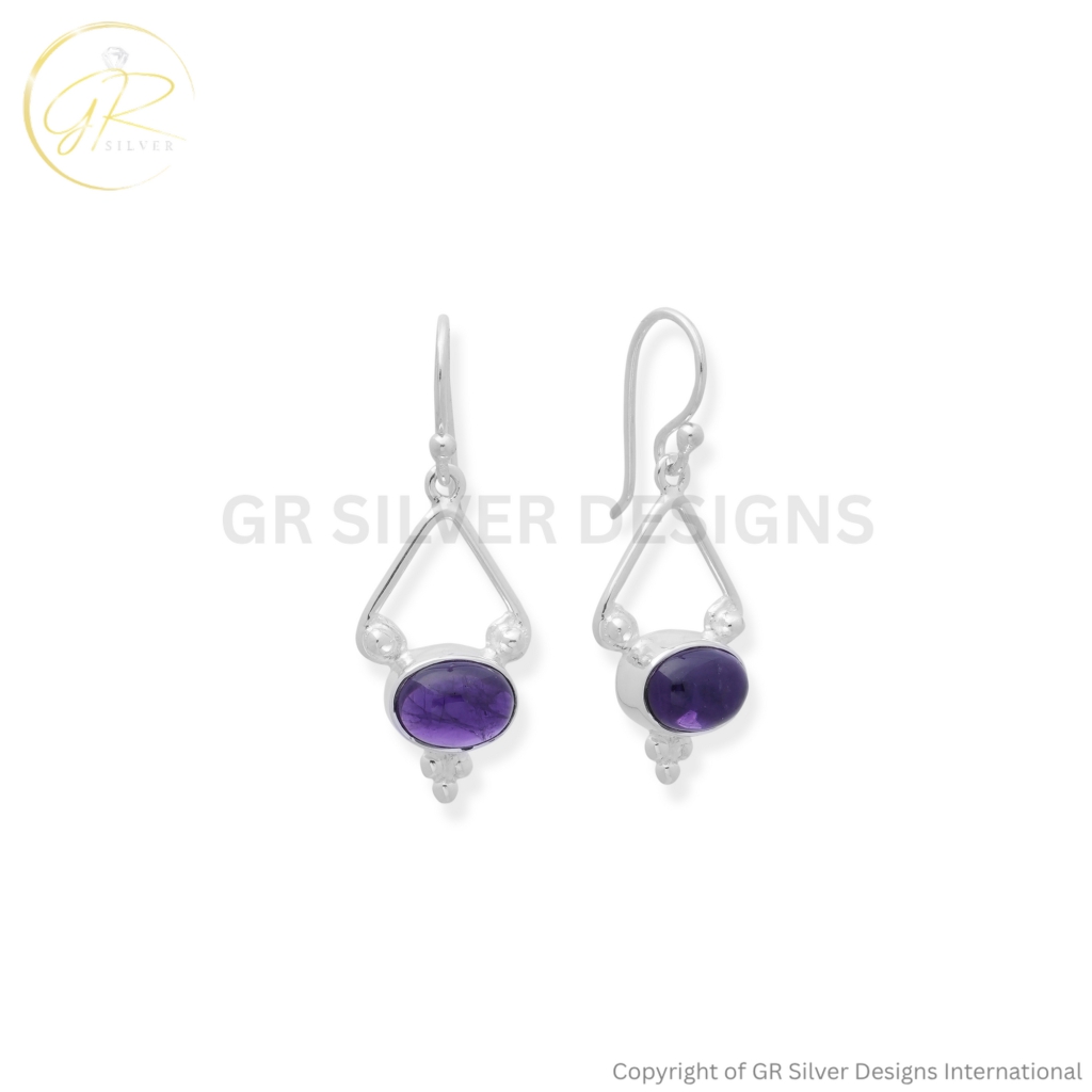 Natural Amethyst Oval Cabochon 925 Silver Earrings for Women