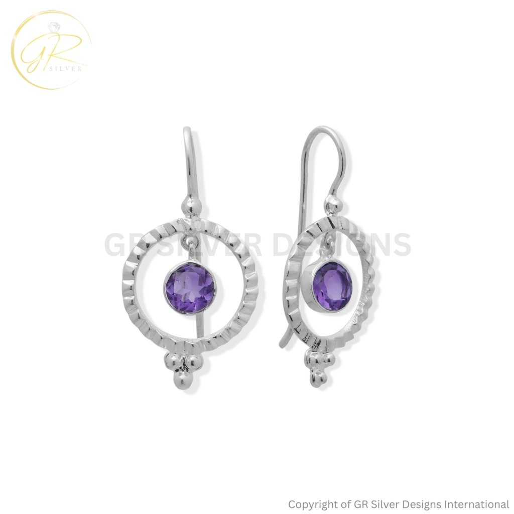 925 Sterling Silver Amethyst Round Cut Dangle Earrings For Wedding Gift