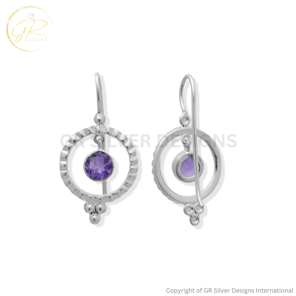 925 Sterling Silver Amethyst Round Cut Dangle Earrings For Wedding Gift