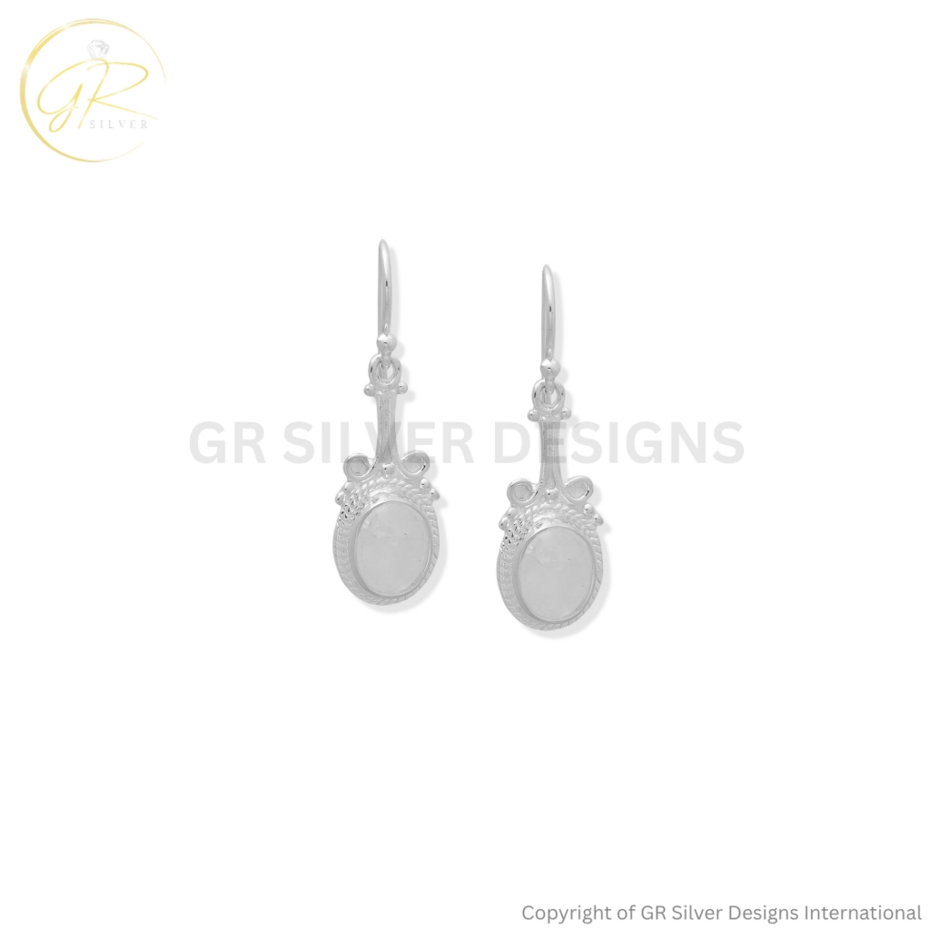 Handmade Rainbow Moonstone Dangle Silver Earrings For Wedding