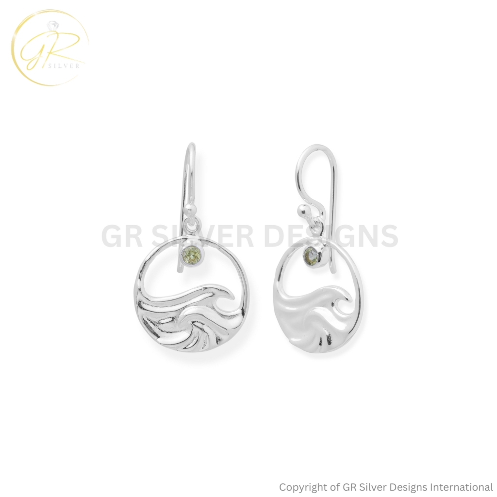Ocean Wave Sterling Silver Peridot Dangle Earrings For Women
