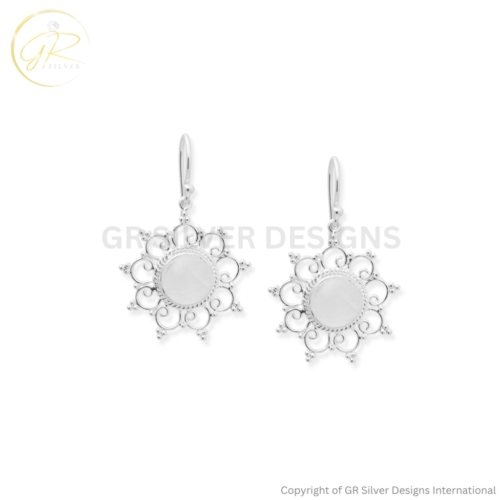 Vintage Floral Rainbow Moonstone Silver Dangle Earrings