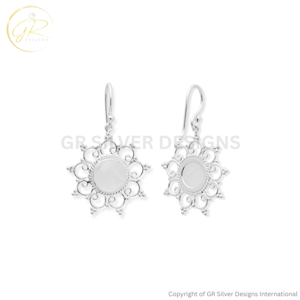 Vintage Floral Rainbow Moonstone Silver Dangle Earrings