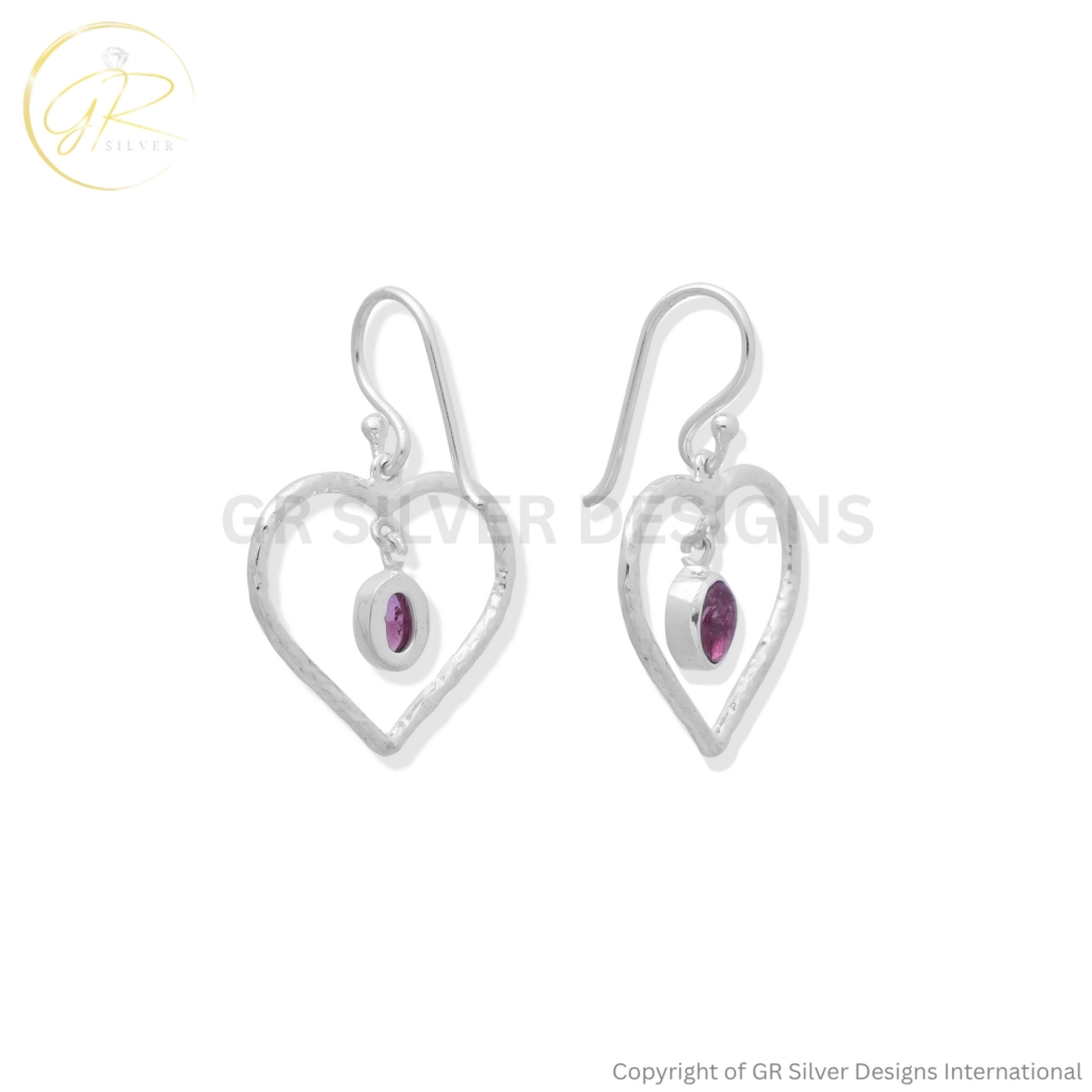 Pink Tourmaline Open Heart Sterling Silver Dangle Earrings