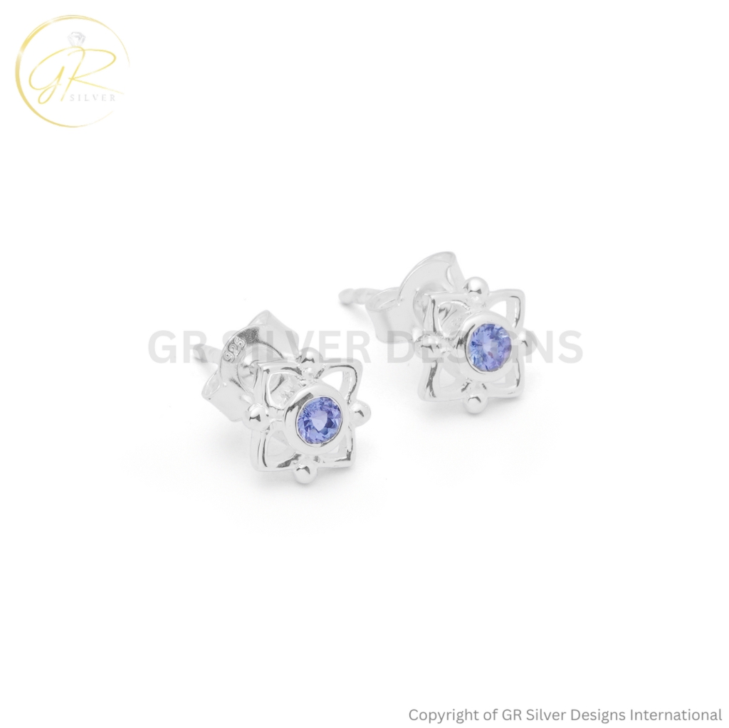 Womens Minimalist Tanzanite Round-Cut Sterling Silver Star Stud Earrings