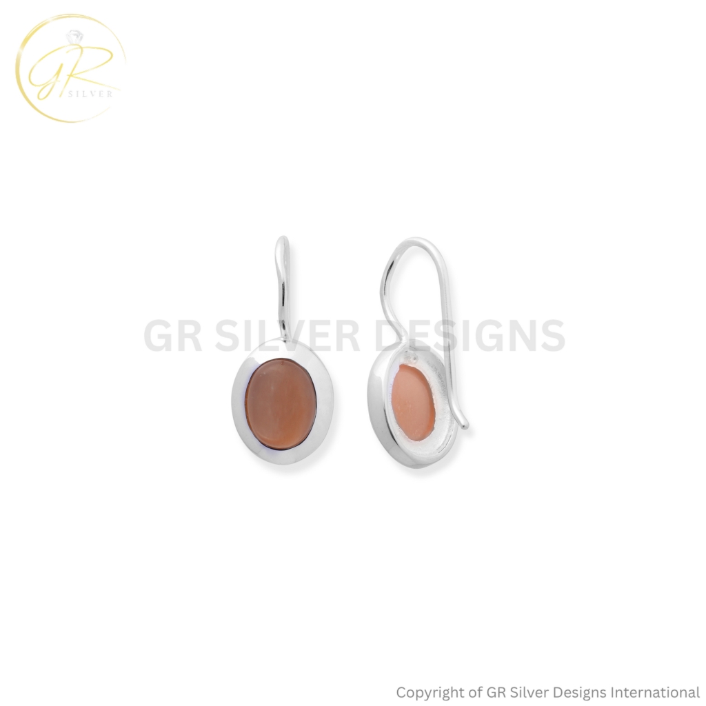 Peach Moonstone Oval Dangle Earrings in 925 Sterling Silver
